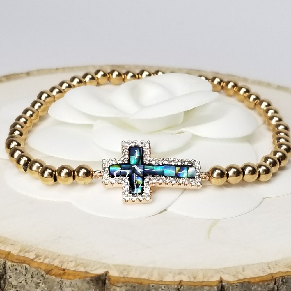 18K Gold Stainless Steel Pave CZ Cross Bracelet - Picture 7 of 10